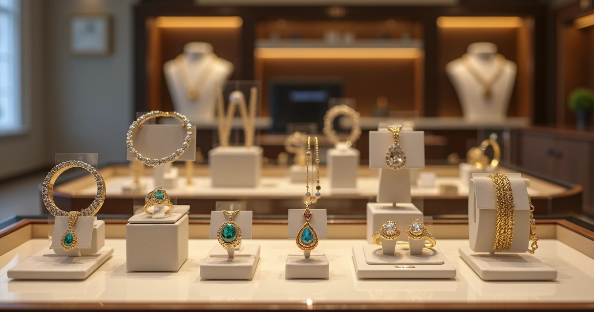 Mostruário elegante de joias com etiquetas de consignação, balcão moderno de joalheria ao fundo 