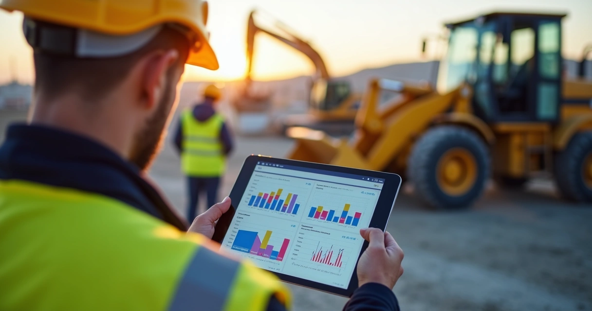 Gestor acompanha indicadores em tablet no canteiro de obras