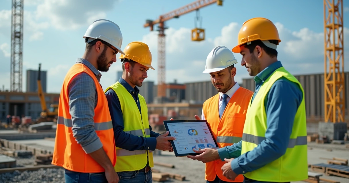 Equipe de profissionais no canteiro de obras utilizando tablet para gestão e planejamento da construção com andaimes e equipamentos ao fundo