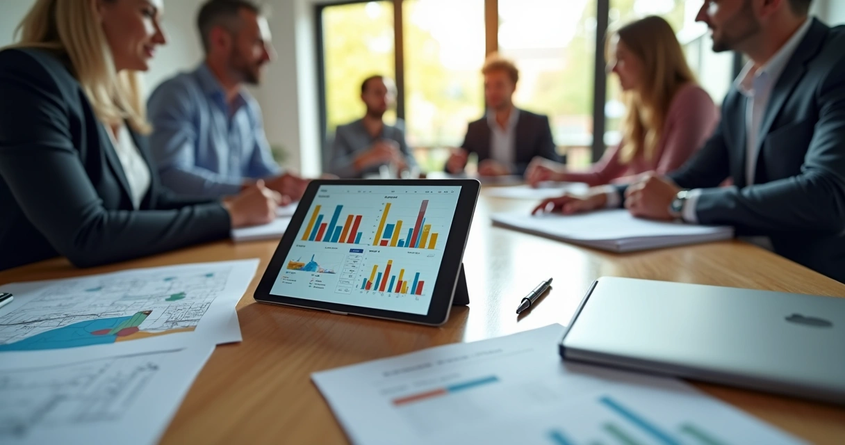 Mesa de reunião com tablet mostrando gráficos de indicadores, laptop, plantas de obra e equipe discutindo planejamento de construção civil 