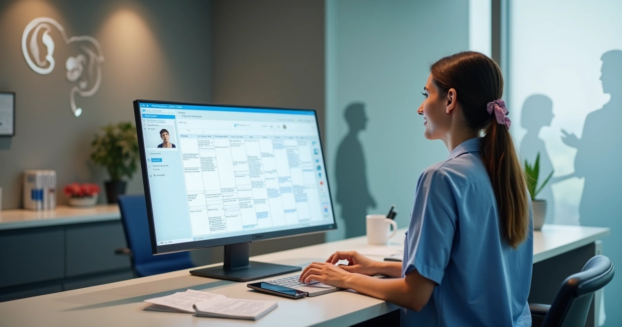 Profissional de clínica auditiva ajustando agenda em computador 