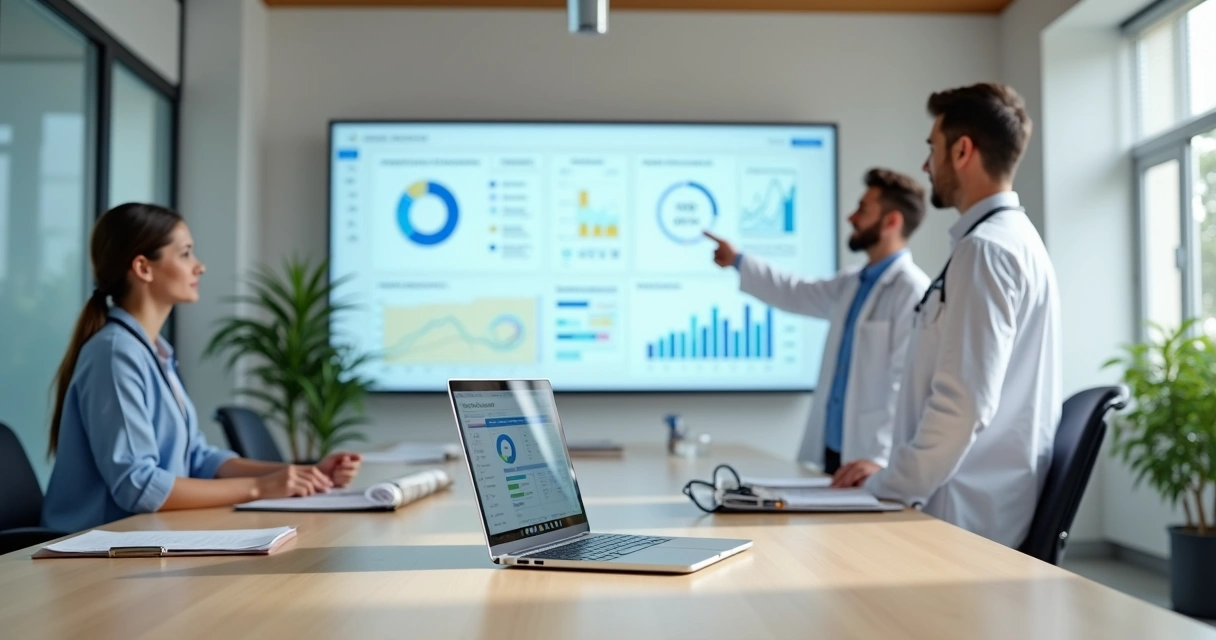 Equipe médica analisando painel digital de gestão de consultório com agenda e finanças 