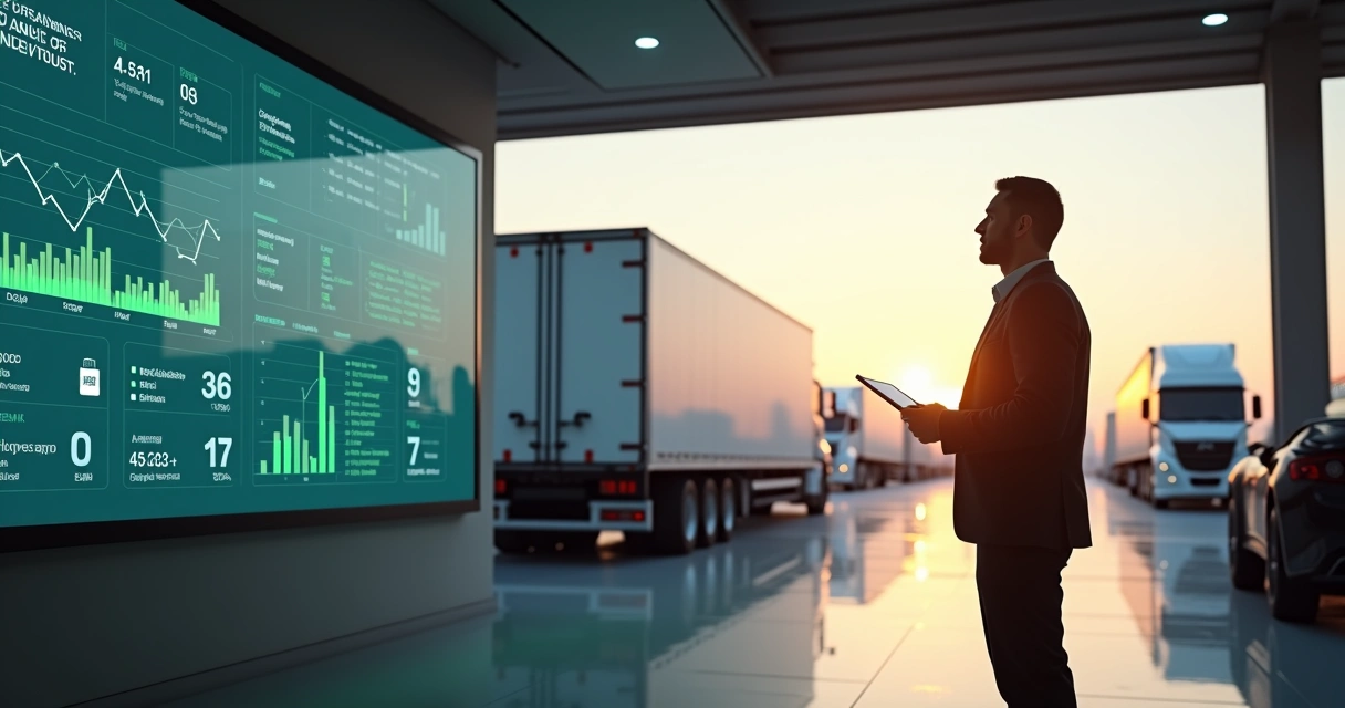 Gestor analisa consumo de combustível da frota em painel digital ao lado de caminhões estacionados 