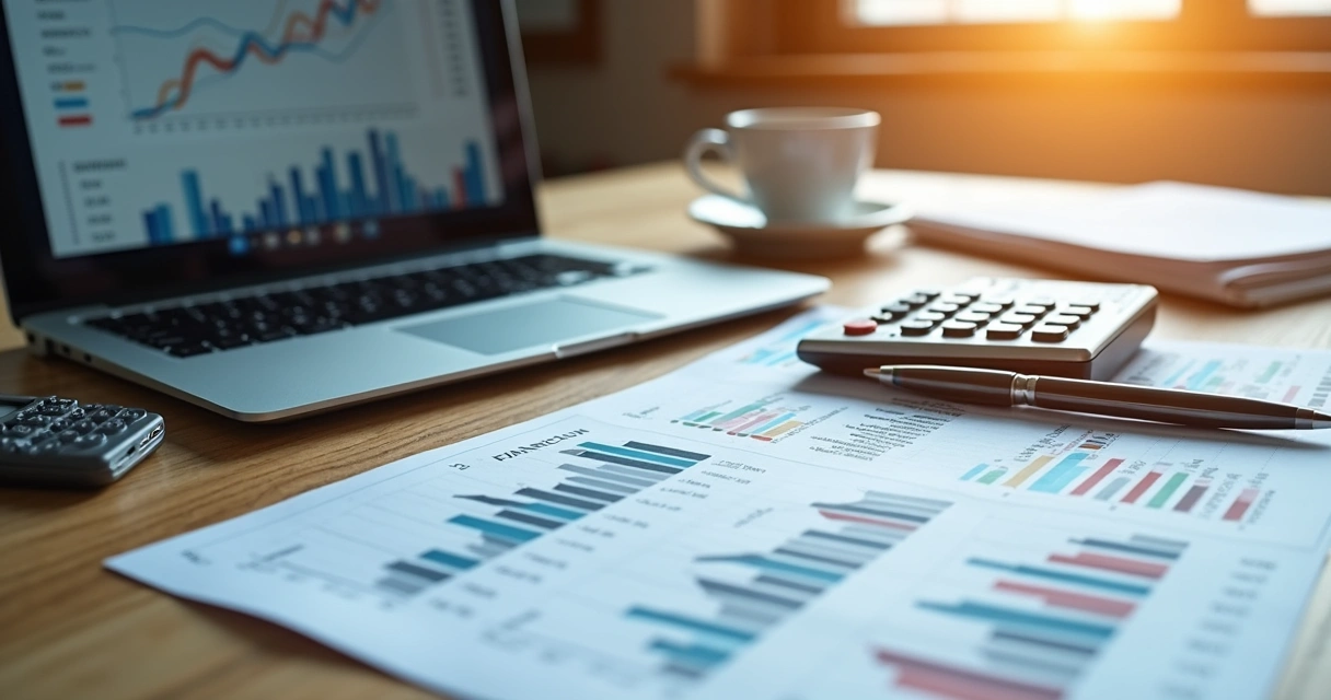 Mesa de escritório com gráficos financeiros e contábeis impressos, laptop aberto exibindo planilhas e calculadora ao lado 