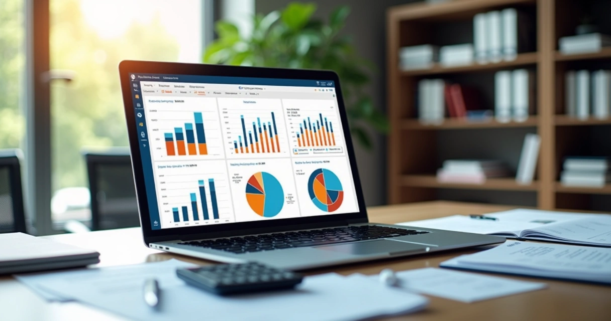 Mesa de escritório com computador, gráficos financeiros na tela e documentos de gestão contábil organizados 