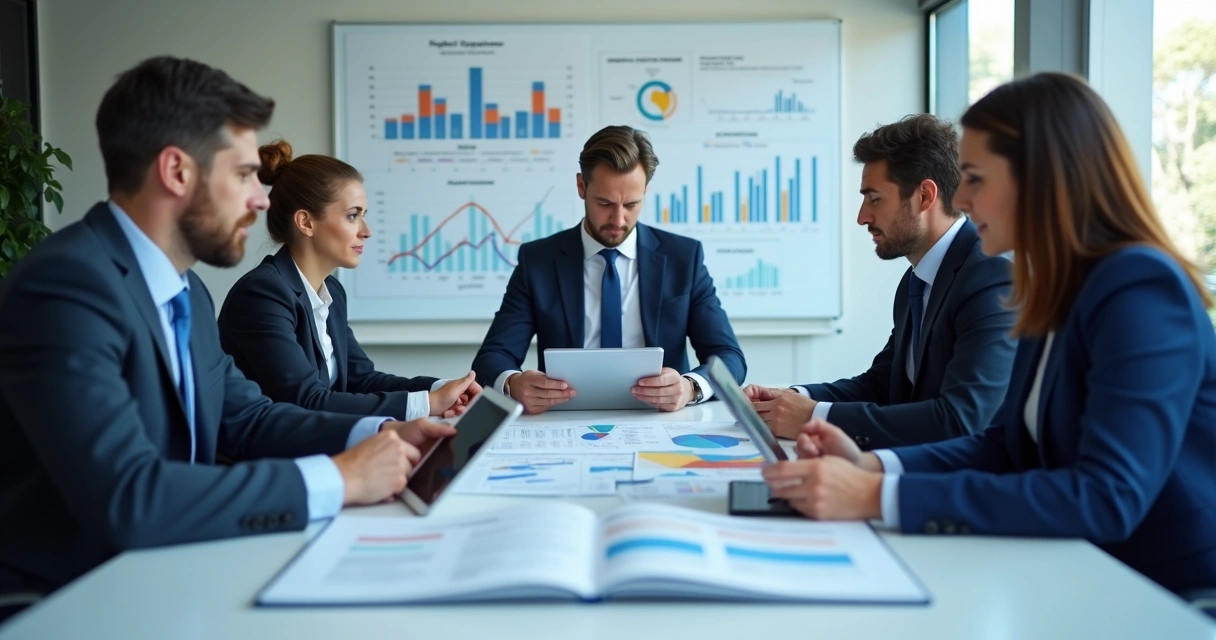 Profissionais de contabilidade em reunião analisando gráficos e leis abertas na mesa, ambiente moderno de escritório 