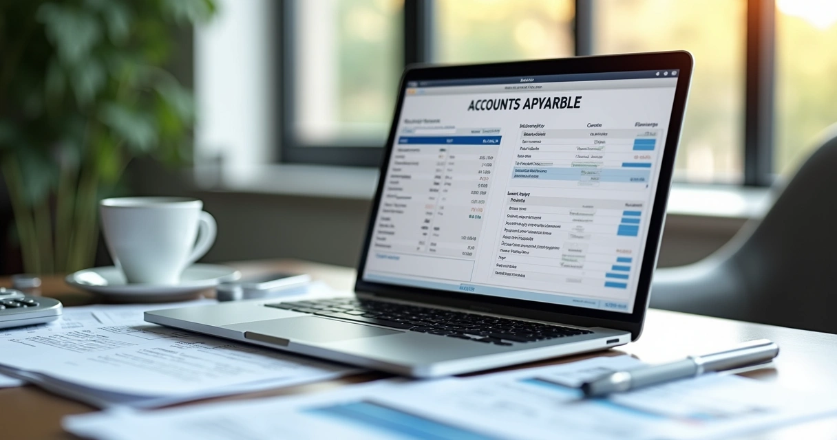 Mesa de escritório com notebook mostrando sistema de gestão financeira, documentos e planilhas ao lado, ambiente corporativo iluminado 