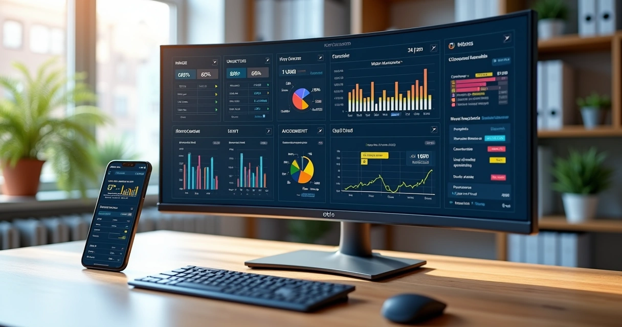 Dashboard financeiro detalhado exibindo contas a receber, gráficos e relatórios em tela de computador moderno 