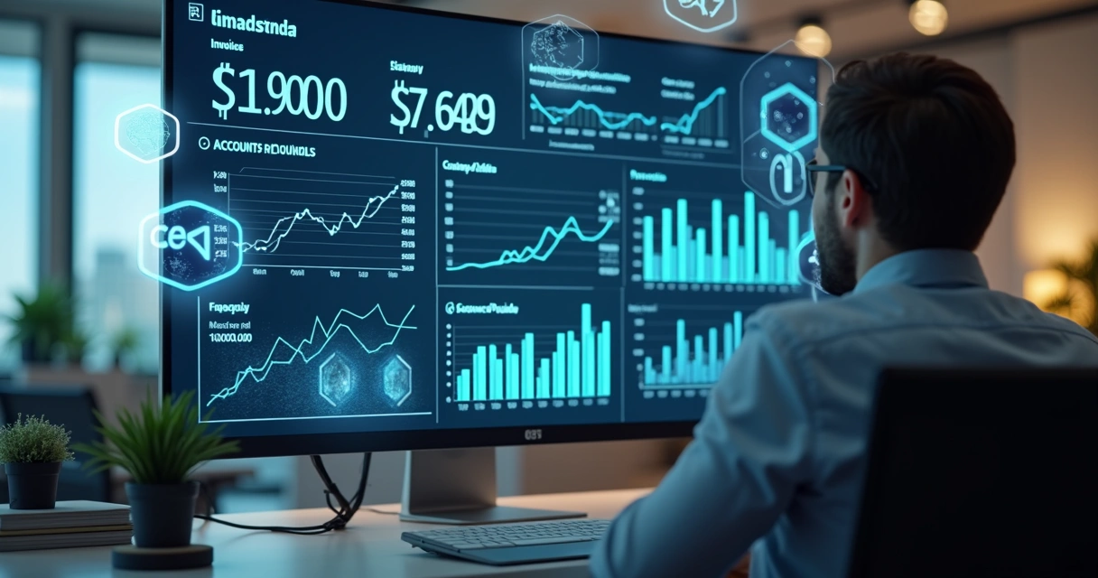 Homem analisando painel financeiro digital com gráficos e notas fiscais na tela 