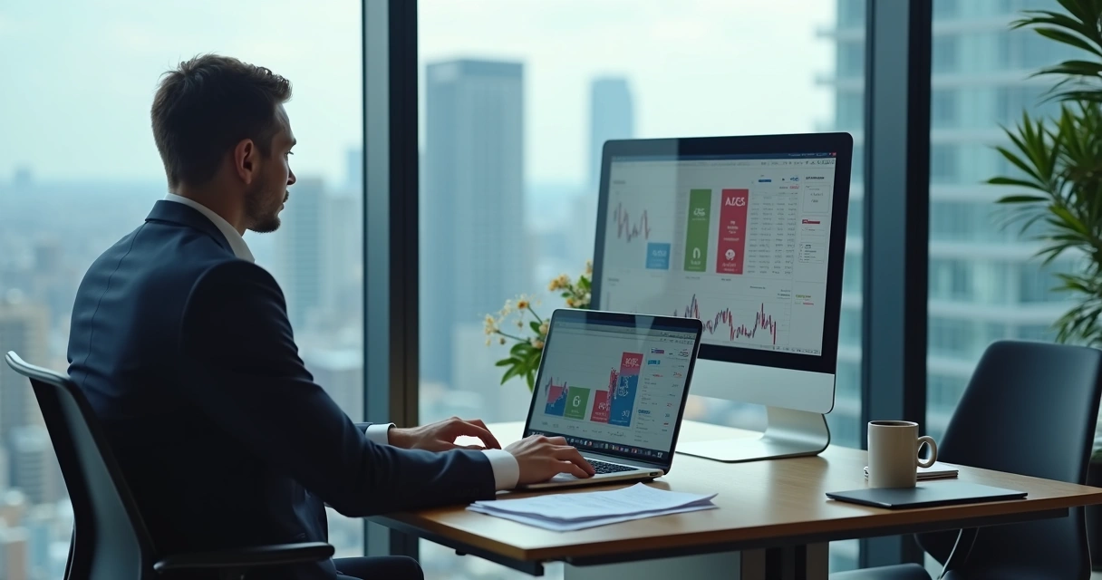 Homem usando notebook com gráficos financeiros na tela 