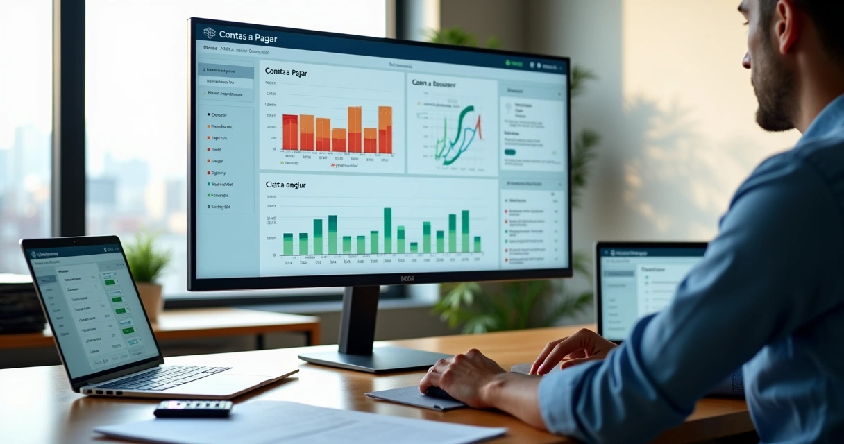Gestor financeiro analisando fluxo de contas a pagar e a receber em dashboard digital 