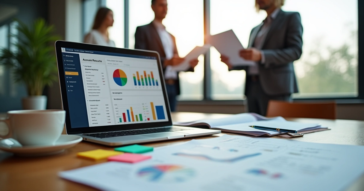 Mesa de escritório com documentos financeiros e computador exibindo gráficos de contas a receber.