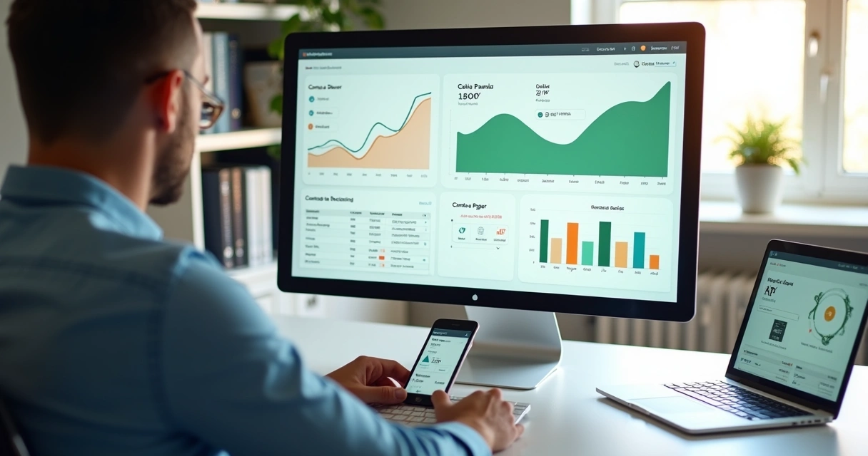 Gestor analisando contas a receber e a pagar em painel financeiro digital 