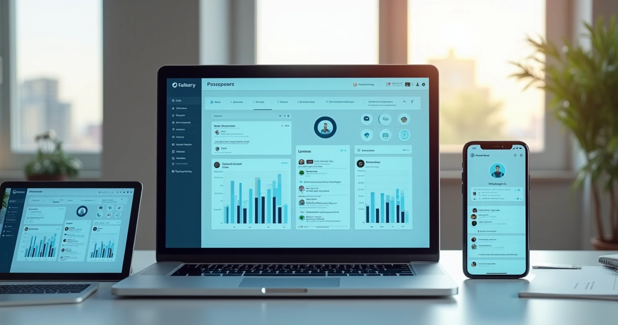 Tela com dashboard digital mostrando gestão de contatos e atendimento via inteligência artificial em múltiplos dispositivos 