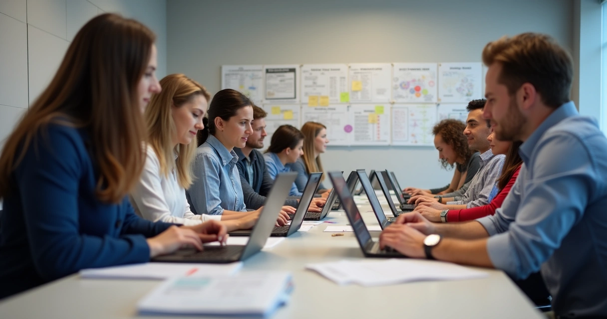 Equipe de campanha organizando base de contatos em computadores 