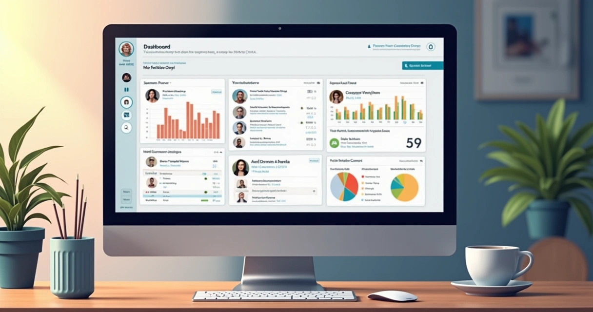 Sistema de gestão de contatos mostrando perfis, gráficos e informações segmentadas 
