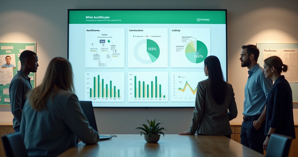 Equipe escolar analisando pessoas interessadas e mensagens do WhatsApp em dashboard digital 