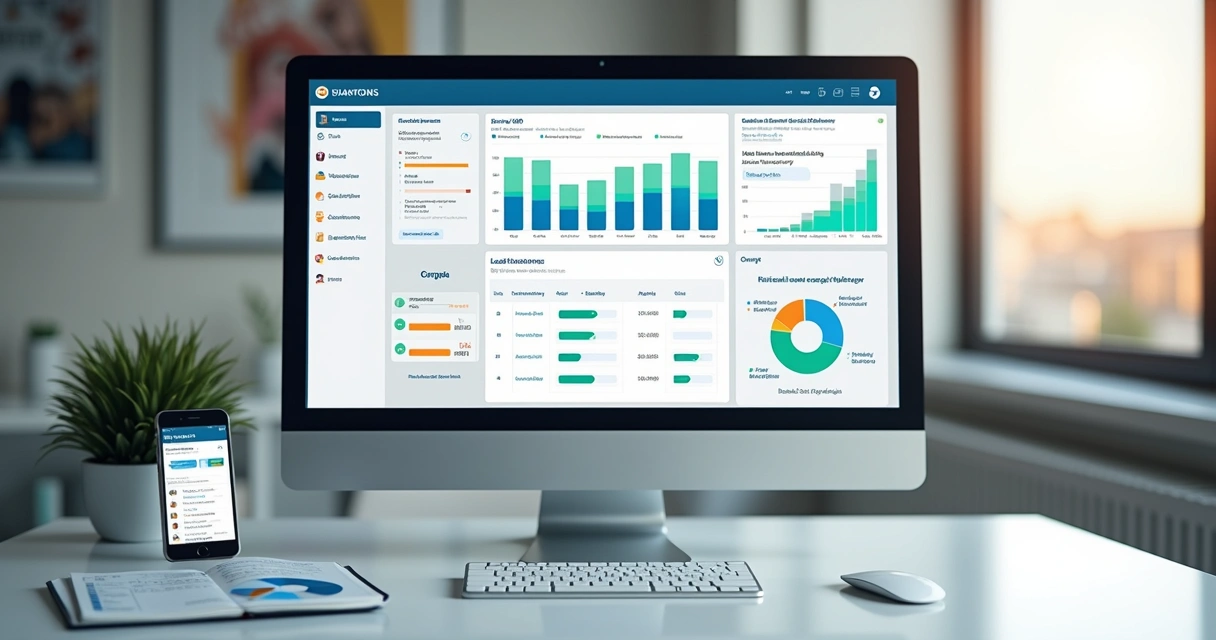 Computador com tela mostrando software de CRM para gestão de leads odontológicos, ao fundo mesa com agenda e telefone de contato 