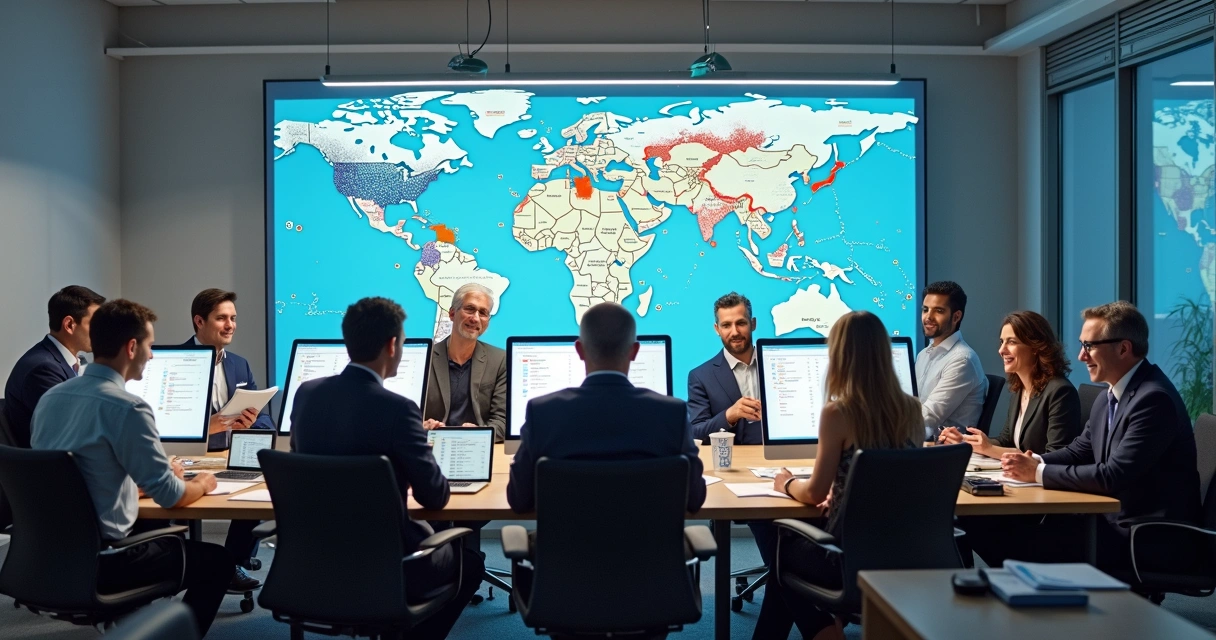 Equipe política gerenciando contatos eleitorais em computadores conectados 