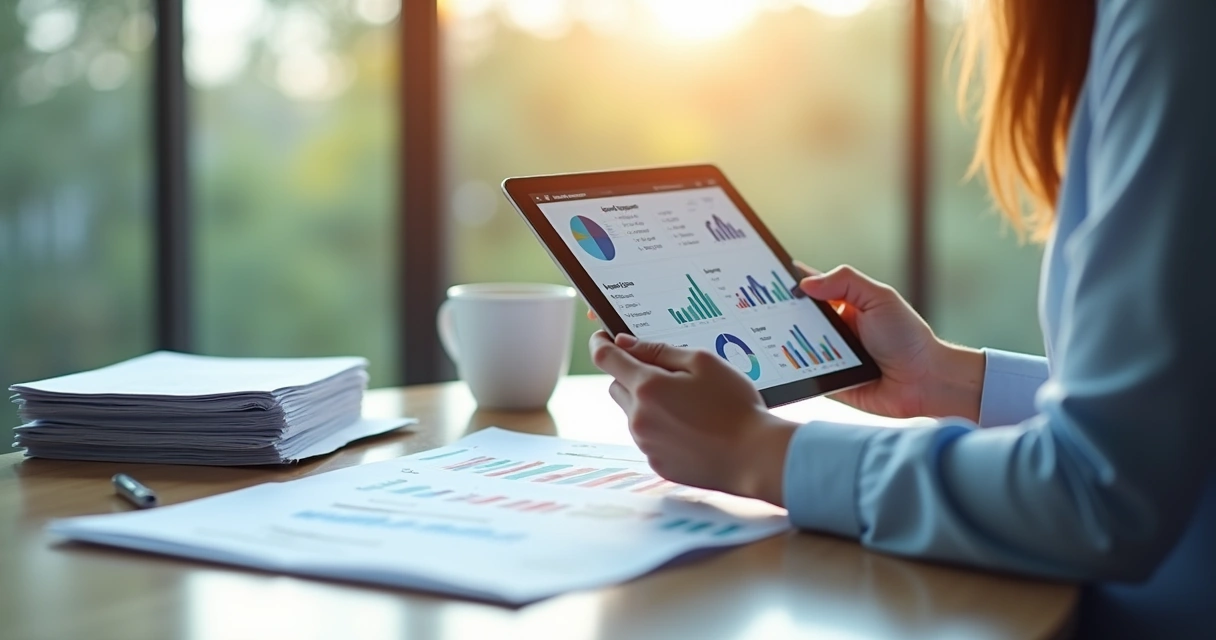 Profissional de clínica odontológica analisando gráficos em dashboard digital 