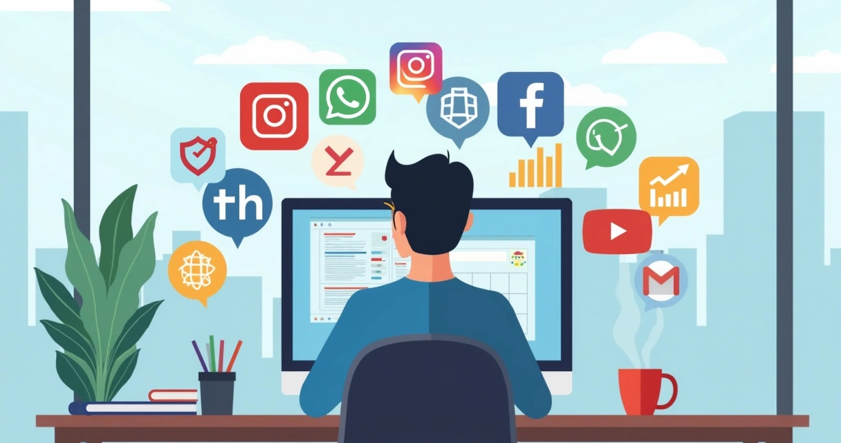 Pessoa gerenciando redes sociais pelo computador, vários ícones e gráficos ao redor 