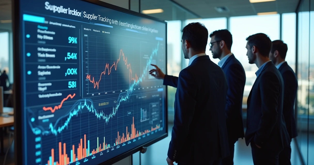 Equipe analisando painel digital de acompanhamento de fornecedores 