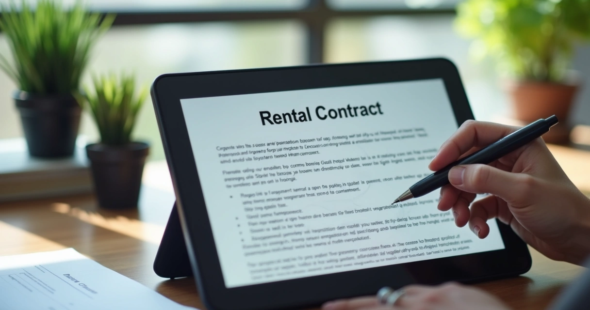 Assinatura digital de contrato imobiliário em notebook. 