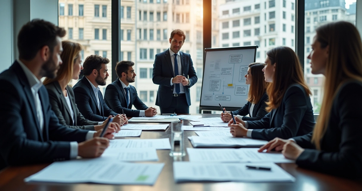 Equipe analisando contratos imobiliários em escritório moderno