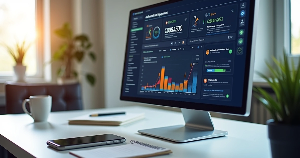 Computador com interface de gestão de contratos automatizada aberta na tela, mostrando gráficos, alertas e fluxos de trabalho digitais 