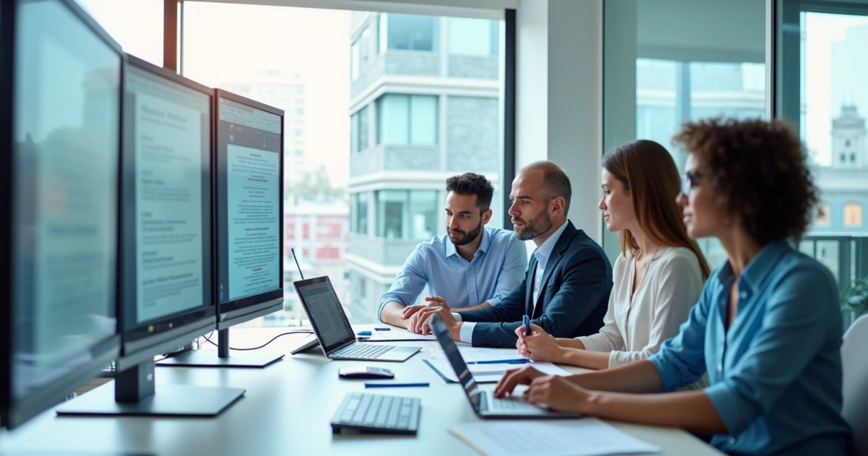 Profissionais reunidos analisando contratos digitais em computadores 