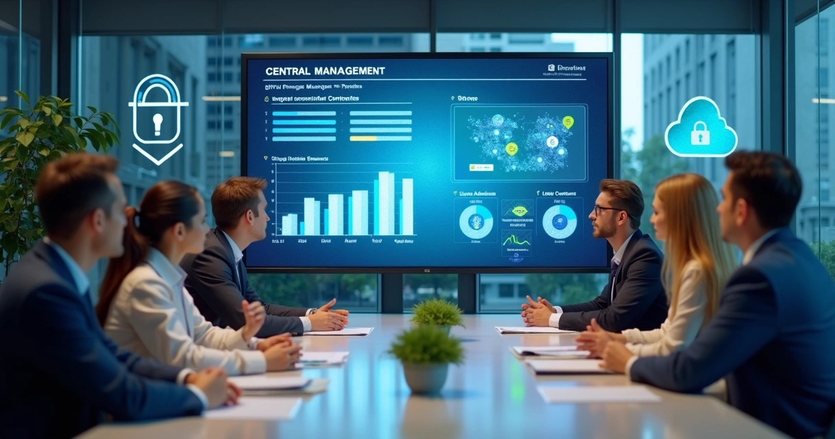 Equipe de empresa analisando contratos digitais em plataforma online 