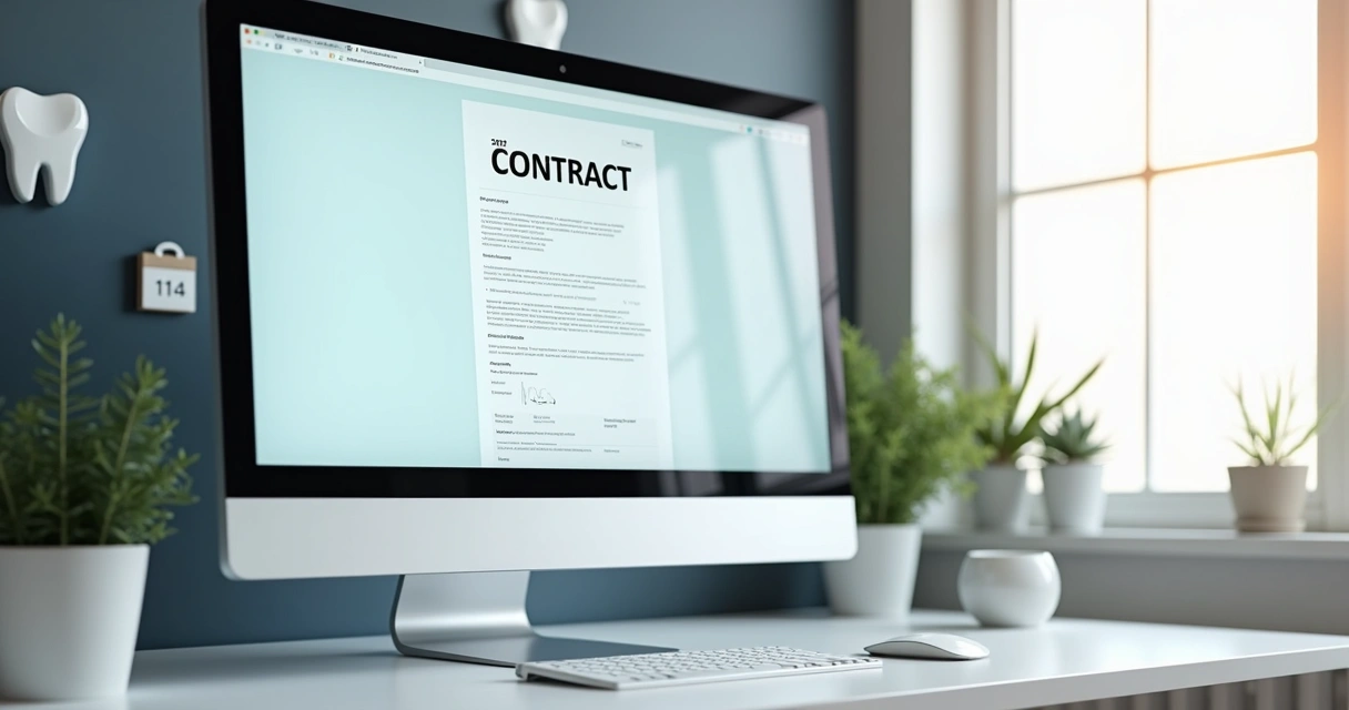 Tela de computador exibindo contrato digital em fundo branco minimalista 