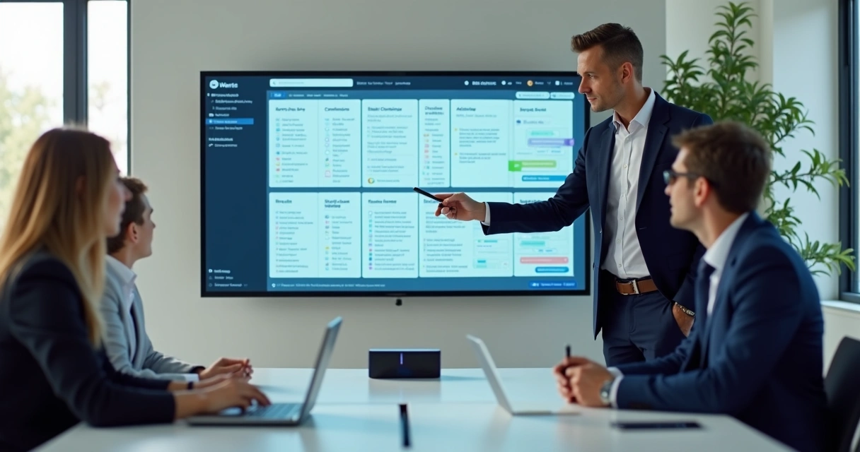 Equipe analisando contratos digitais em uma grande tela 