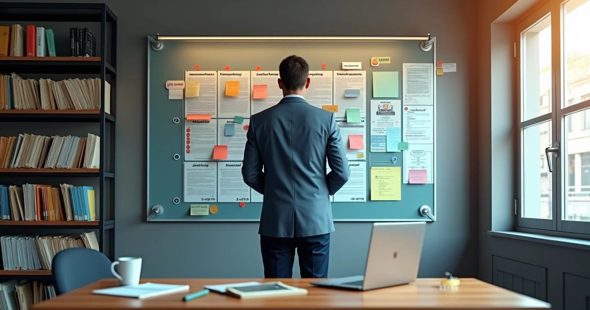 Gestor de PME organizando pastas e contratos em painel com calendário e alertas 