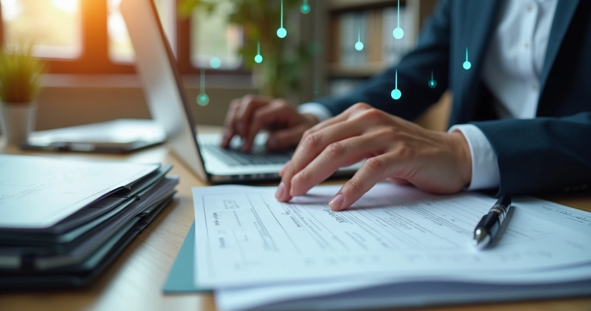 Pessoa organizando contratos em pastas digitais na mesa de trabalho.