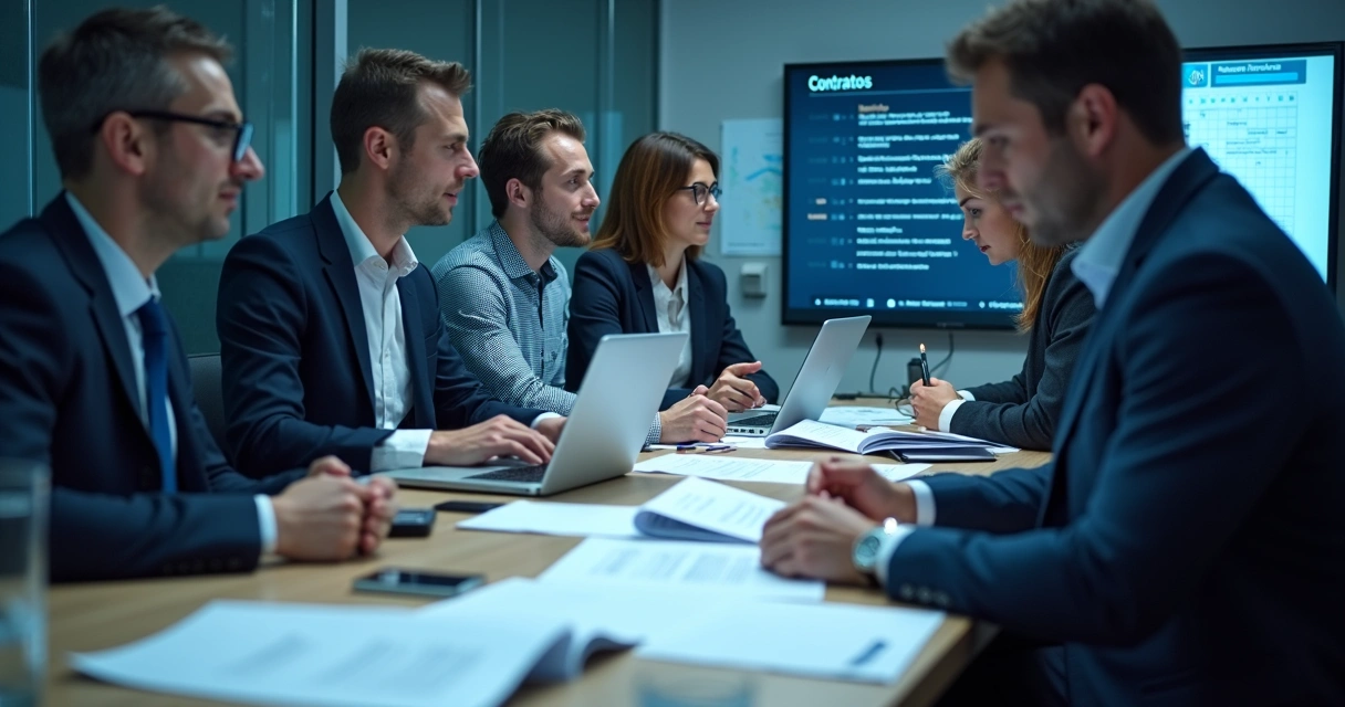 Representação visual de gestão de contratos de fornecedores TI em ambiente de escritório.