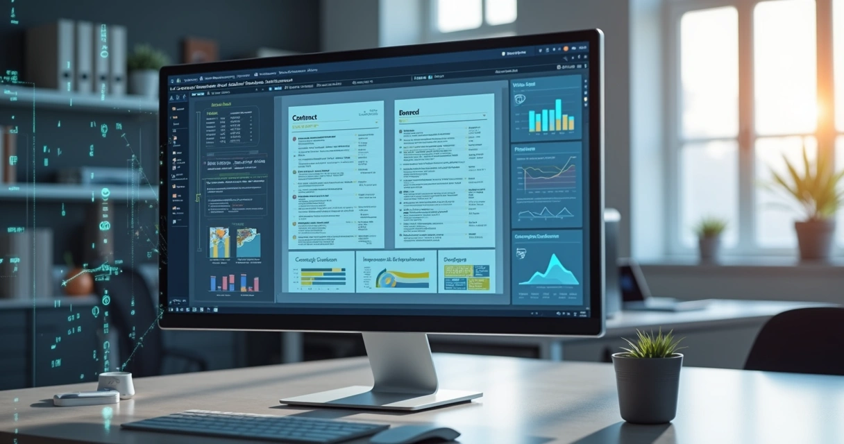 Mesa de escritório com computador mostrando sistema de gestão de contratos por inteligência artificial, documentos digitais na tela e gráficos modernos 