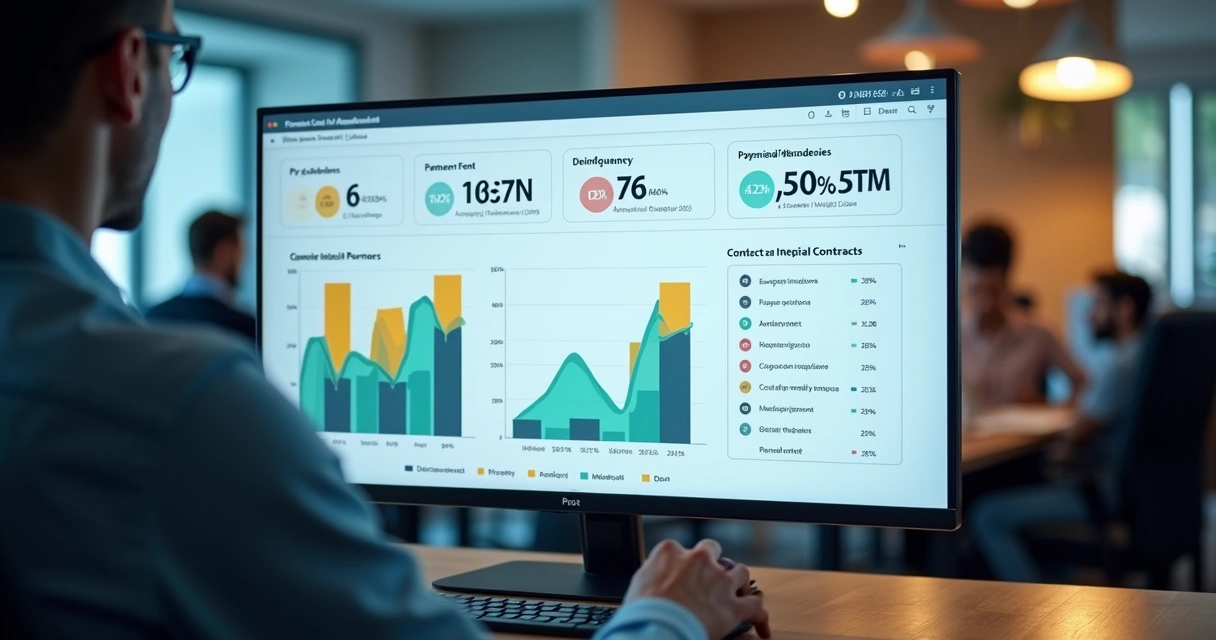 Painel digital gerenciando contratos de aluguel, gráficos de inadimplência, repasse via PIX e integração com portais imobiliários