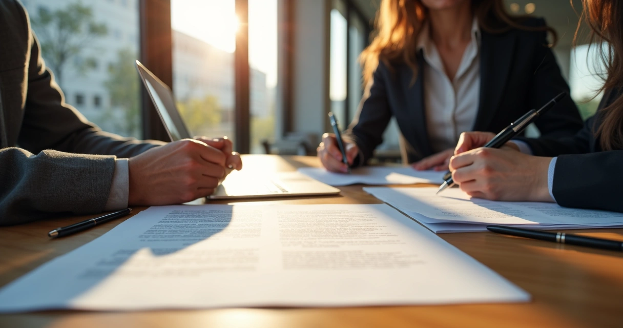 Contratos em mesa de reunião de pequena empresa 