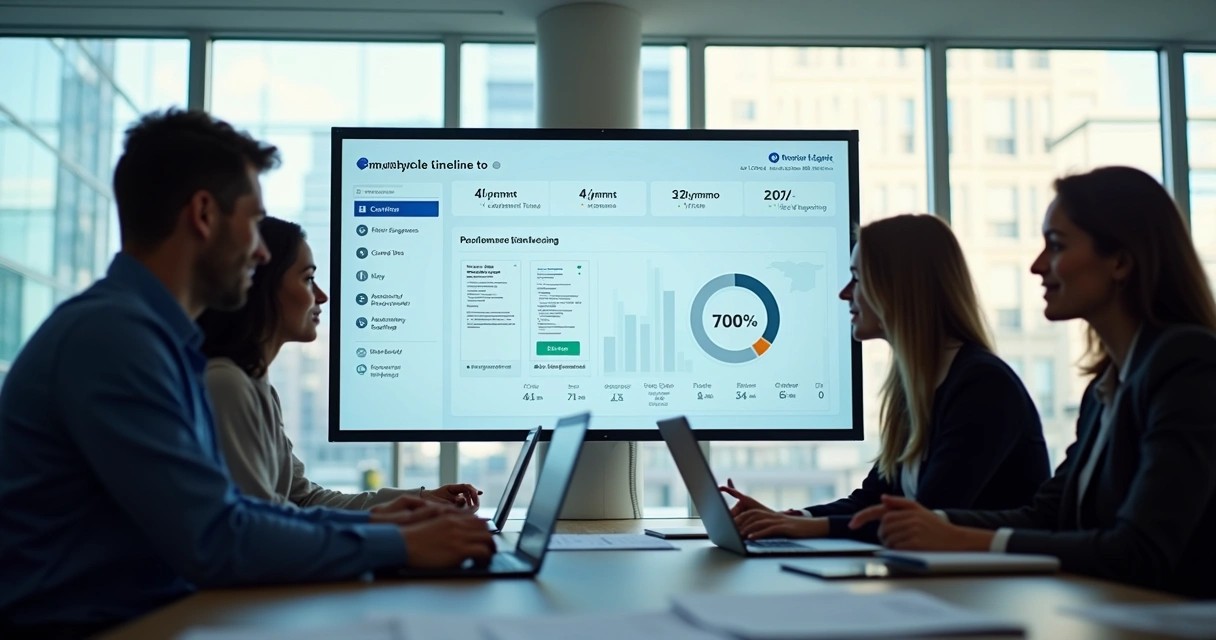 Equipe acompanhando contratos digitais em escritório moderno 