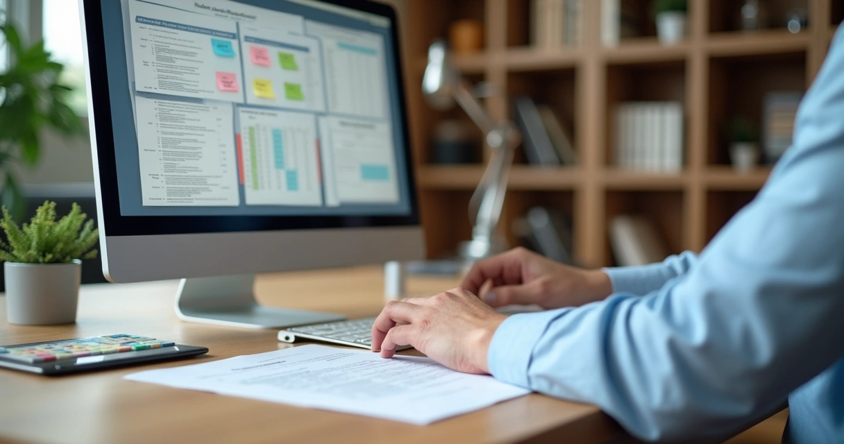 Pessoa organizando contratos de locação imobiliária em escritório digital 