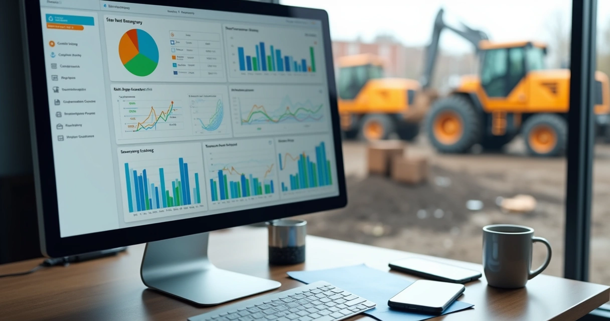 Computador com dashboard digital mostrando controle de contratos de locação de máquinas pesadas e gráficos de gestão de frotas 