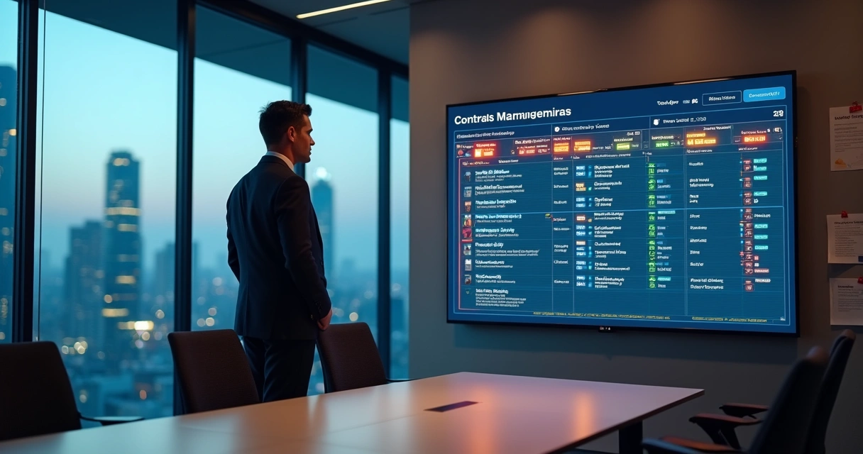 Gestor acompanhando prazos de contratos em painel digital na sala de reunião 