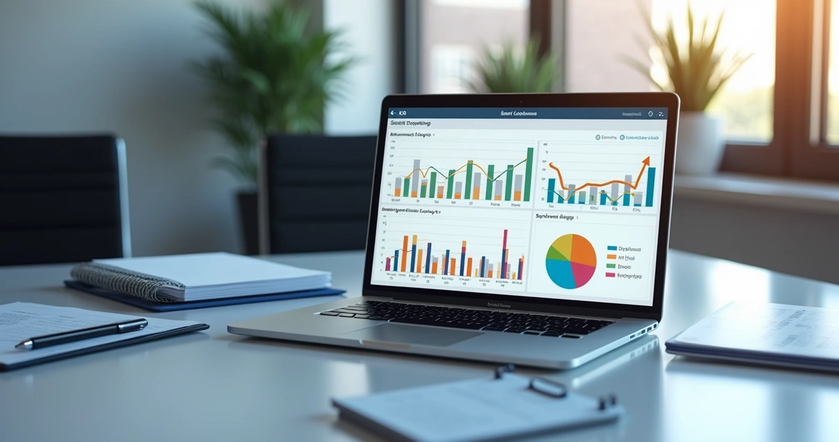 Mesa de escritório com laptop aberto mostrando dashboard de contratos SaaS, documentos organizados, caneta e tela com gráficos de uso e custos em ambiente moderno de trabalho de TI 