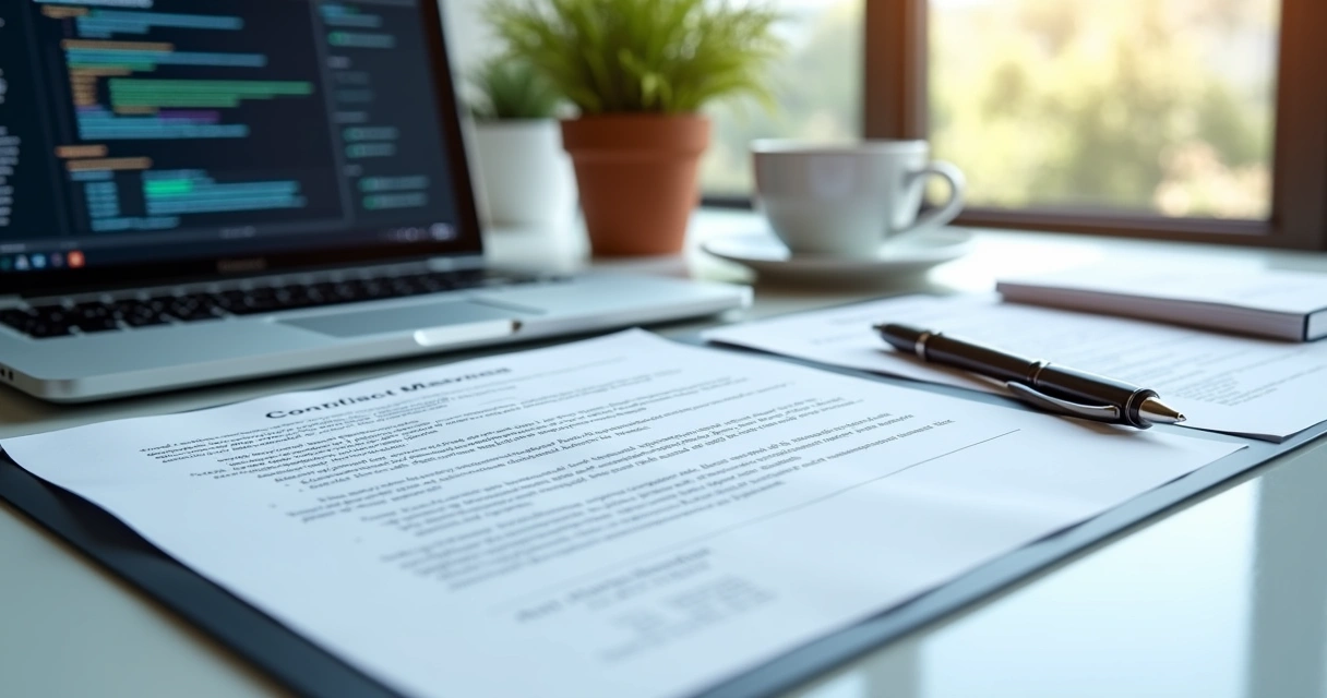 Mesa de escritório com documentos de contratos, notebook aberto mostrando sistema digital de gestão, caneta e café ao lado 