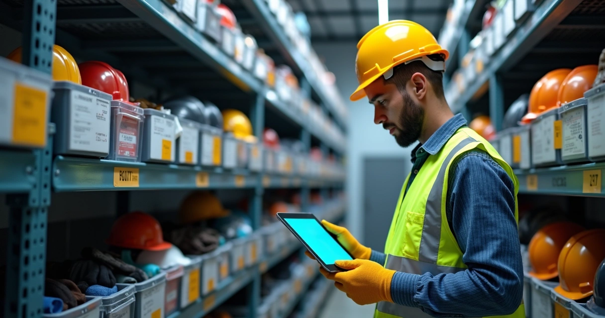 Técnico de segurança do trabalho organizando equipamentos de proteção individual em prateleiras de armazenamento 