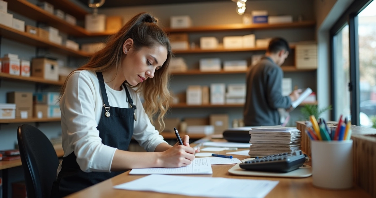 Dona de loja olhando anotações em papel ao lado do caixa 