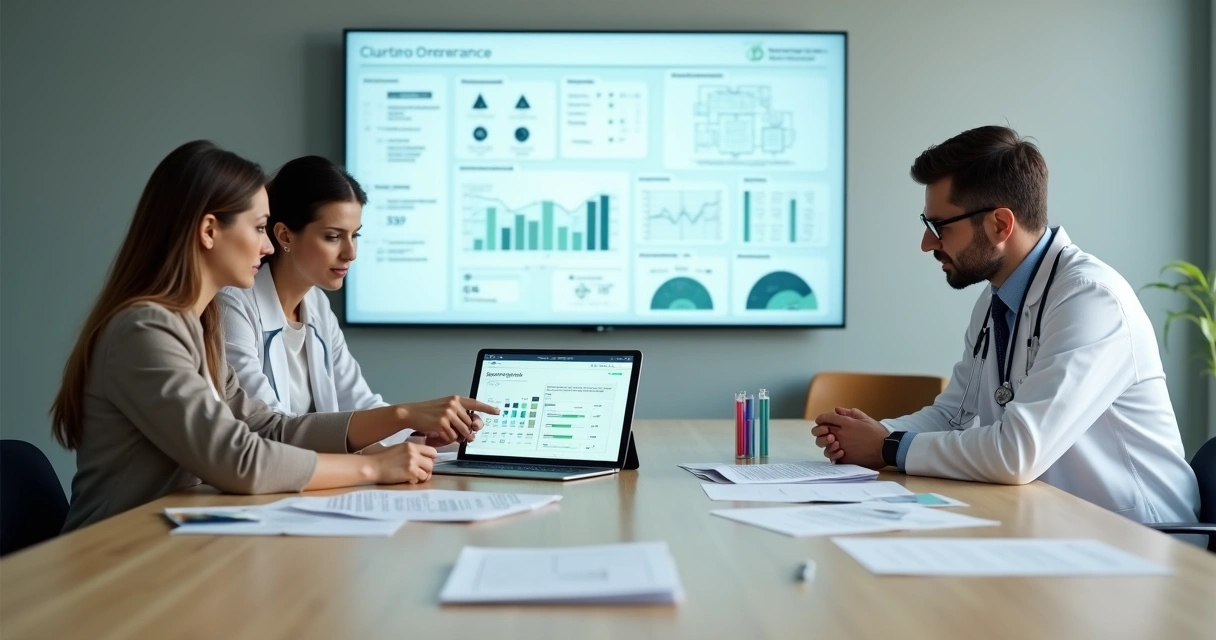Equipe em mesa de reunião analisando cartões de convênio médico e painel digital da clínica 