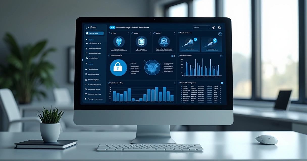 Tela de computador mostrando gráficos sobre gestão de cookies e dados do Google em fundo azul digital 