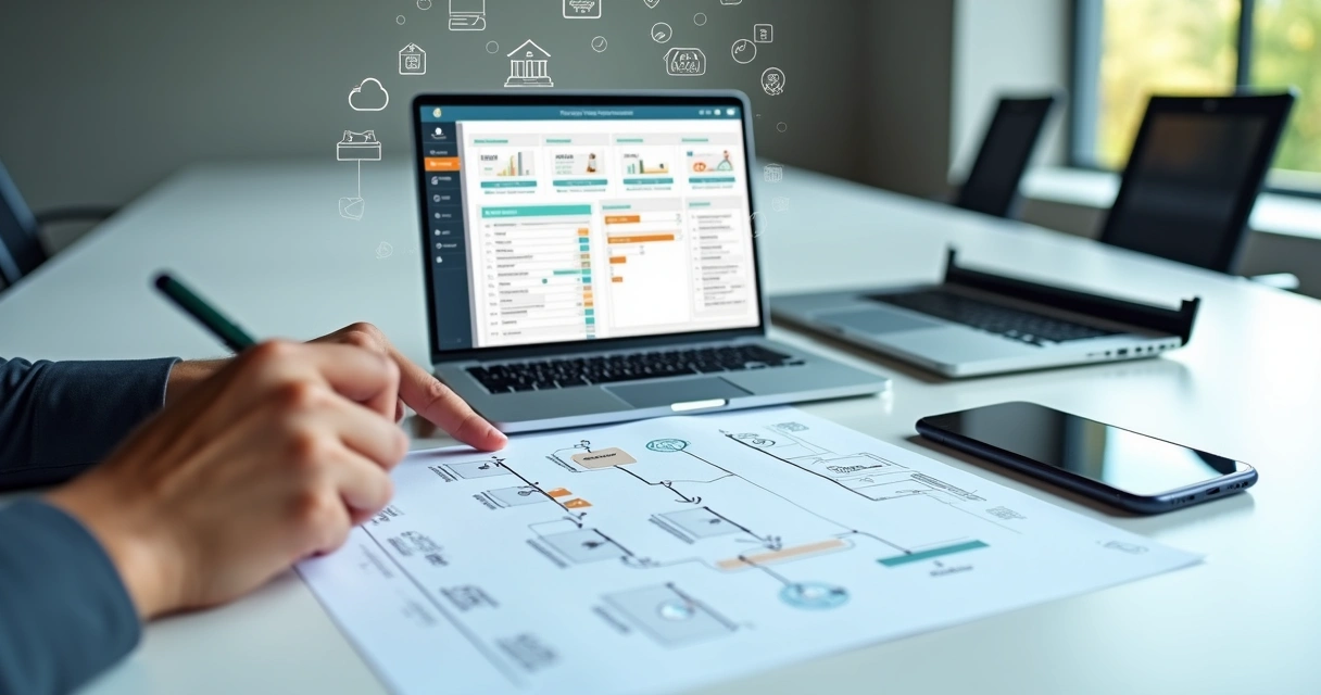Profissional analisando fluxo de trabalho financeiro integrado em diversos dispositivos 